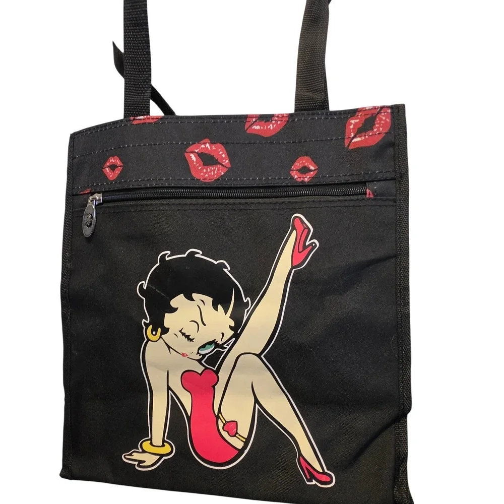 Betty Boop Black Canvas Tote Bag Red Lips‎ Graphic Shoulder Bag 2014 Licensed